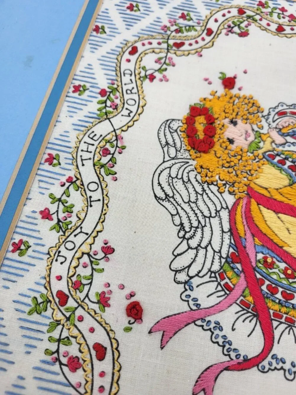 Vintage Herald Angel Embroidered needlepoint picture Textured Joy to the world
